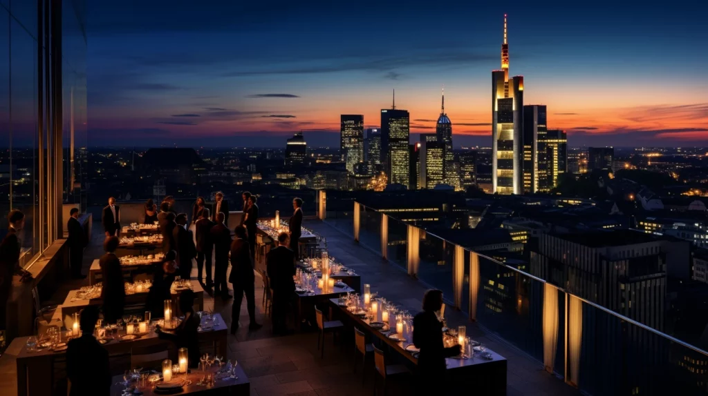 Das Bild zeigt eine abendliche Szene auf einer Dachterrasse mit elegant gedeckten Tischen und Gästen, die sich unterhalten, vor der Kulisse einer beleuchteten Silhouette der Stadt Frankfurt bei Sonnenuntergang.